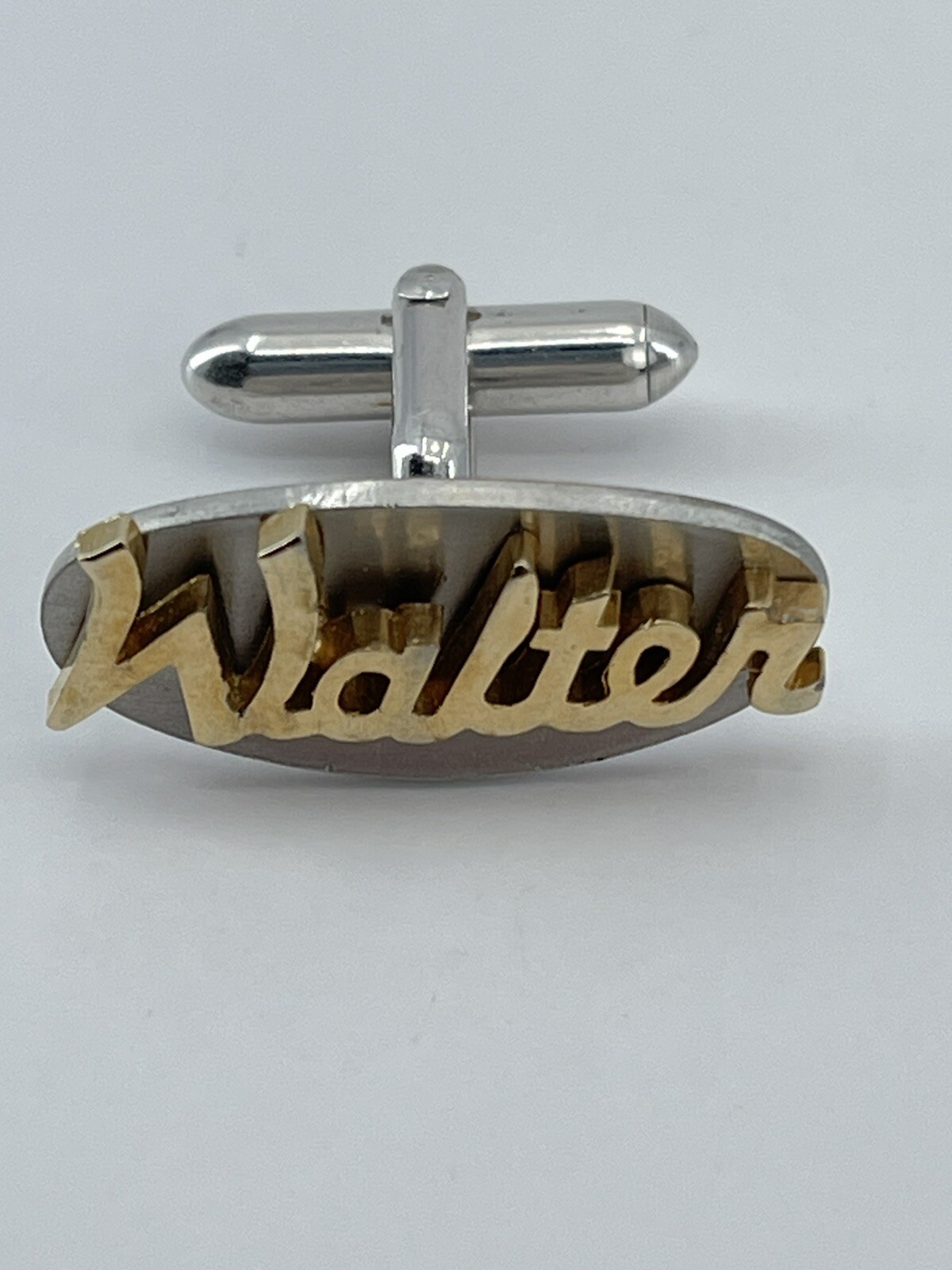 Vintage Swank mens cufflinks name Walter gold and silver tone concave 3/4″