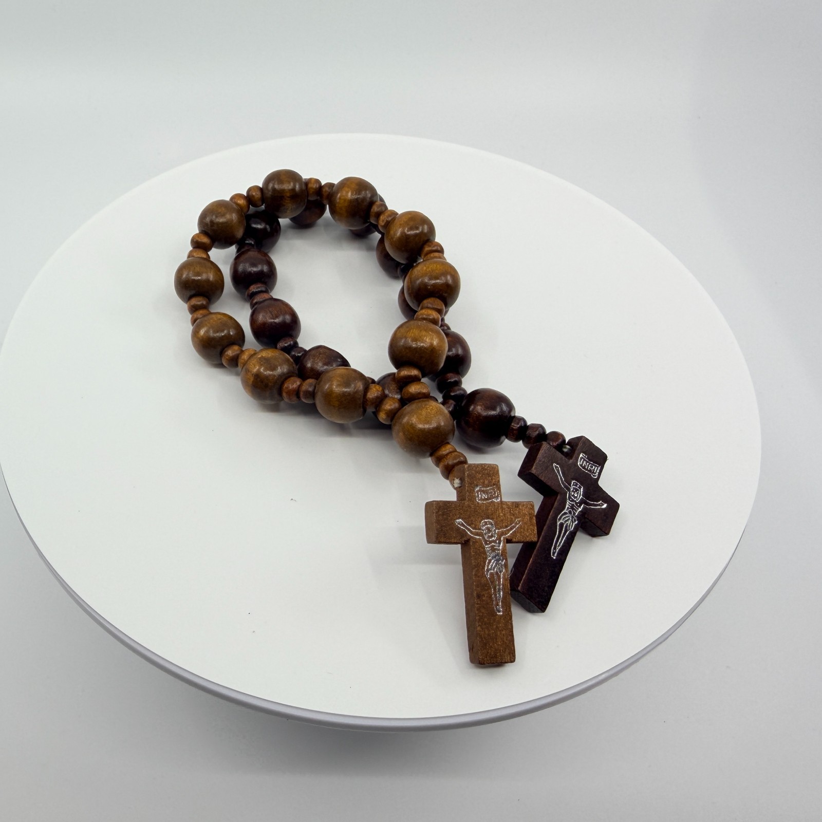 Vintage Brown Wood Beaded Rosary Silver Tone Jesus Crucifix Catholic Prayer 90s