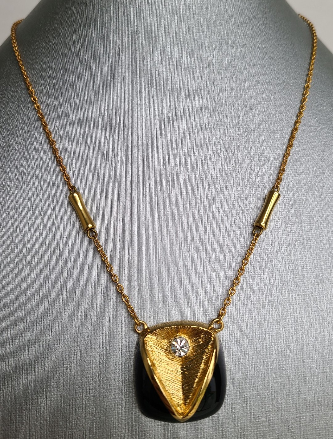 Vintage Orena Paris Gold Plated, Black Enamel Rhinestone Pendant Necklace