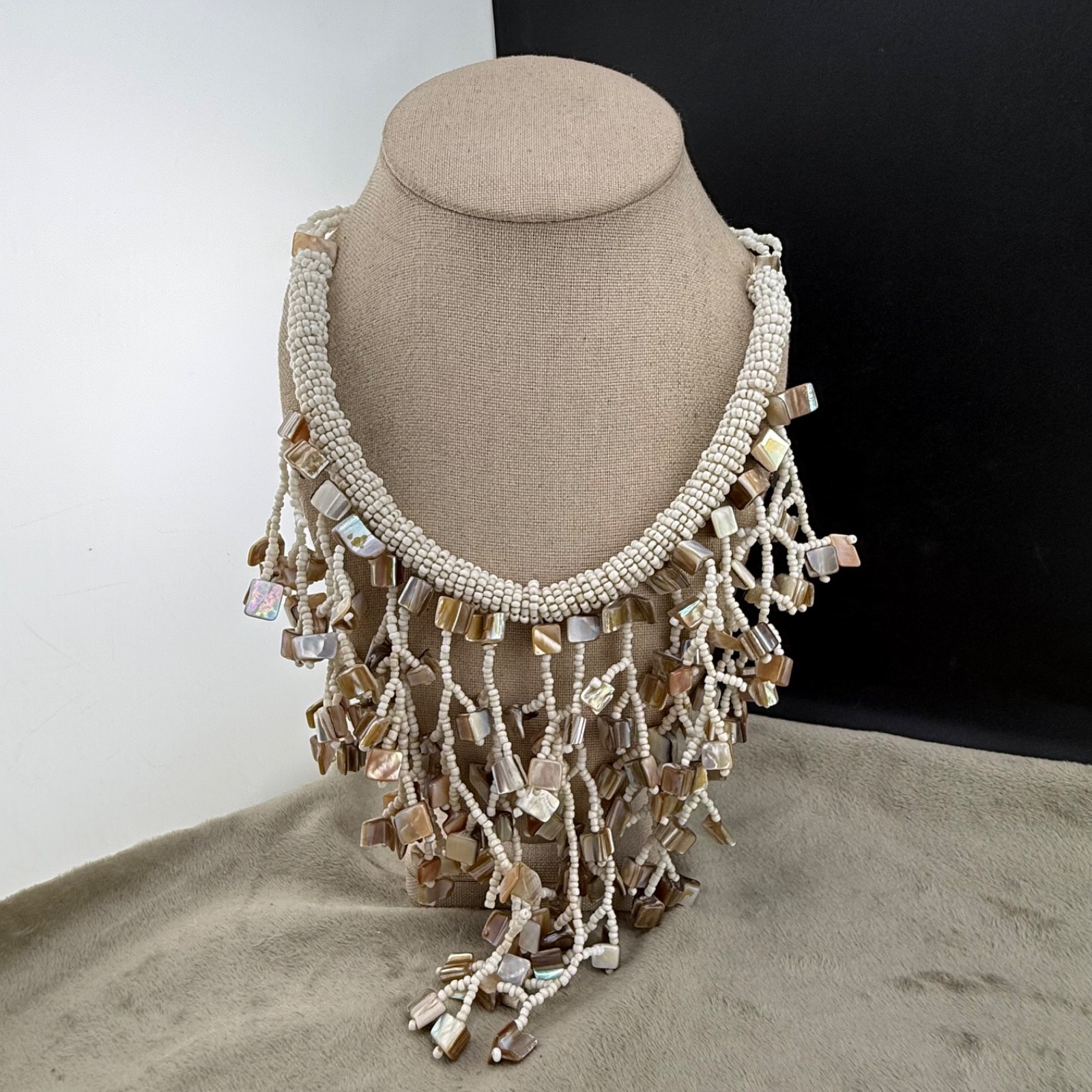 Vintage Beaded Bib Necklace Abalone Fringe 19”