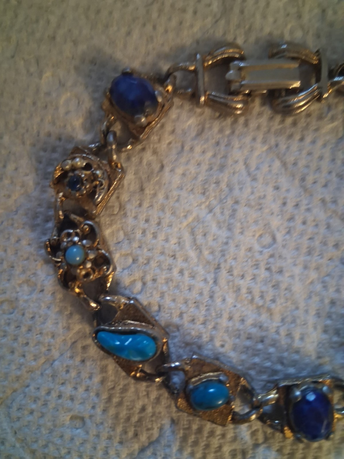 Vintage LJM gold tone chain link bracelet faux blue stones small pearls