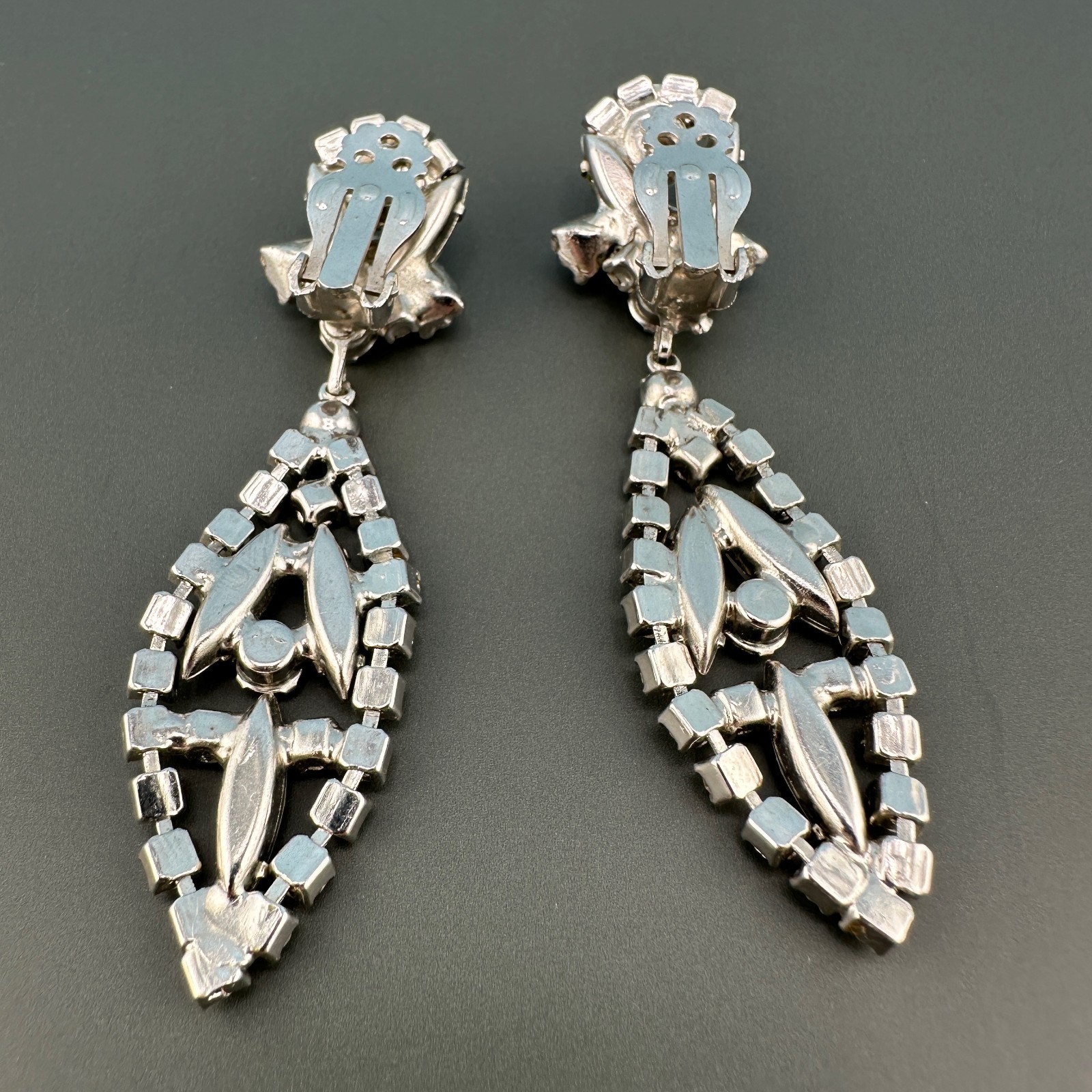 Vintage Rhinestone Earrings Chandelier Drop Clip On Statement Bridal Art Deco