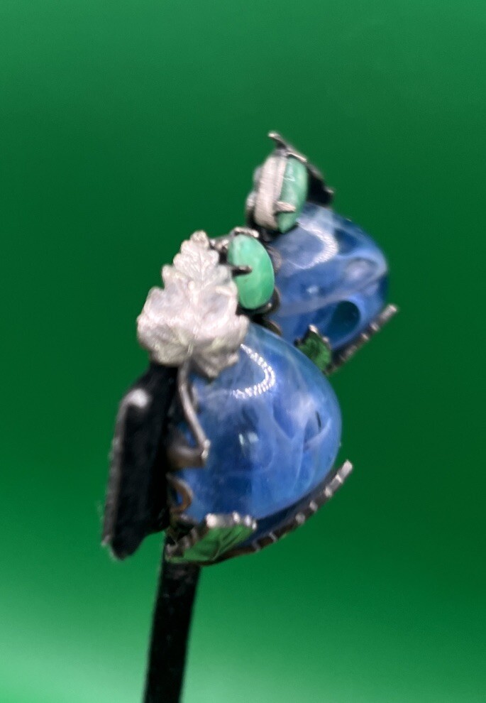 Vintage Silver Tone Blue Gripoix Glass Cabochon Clip Earrings? Austria?