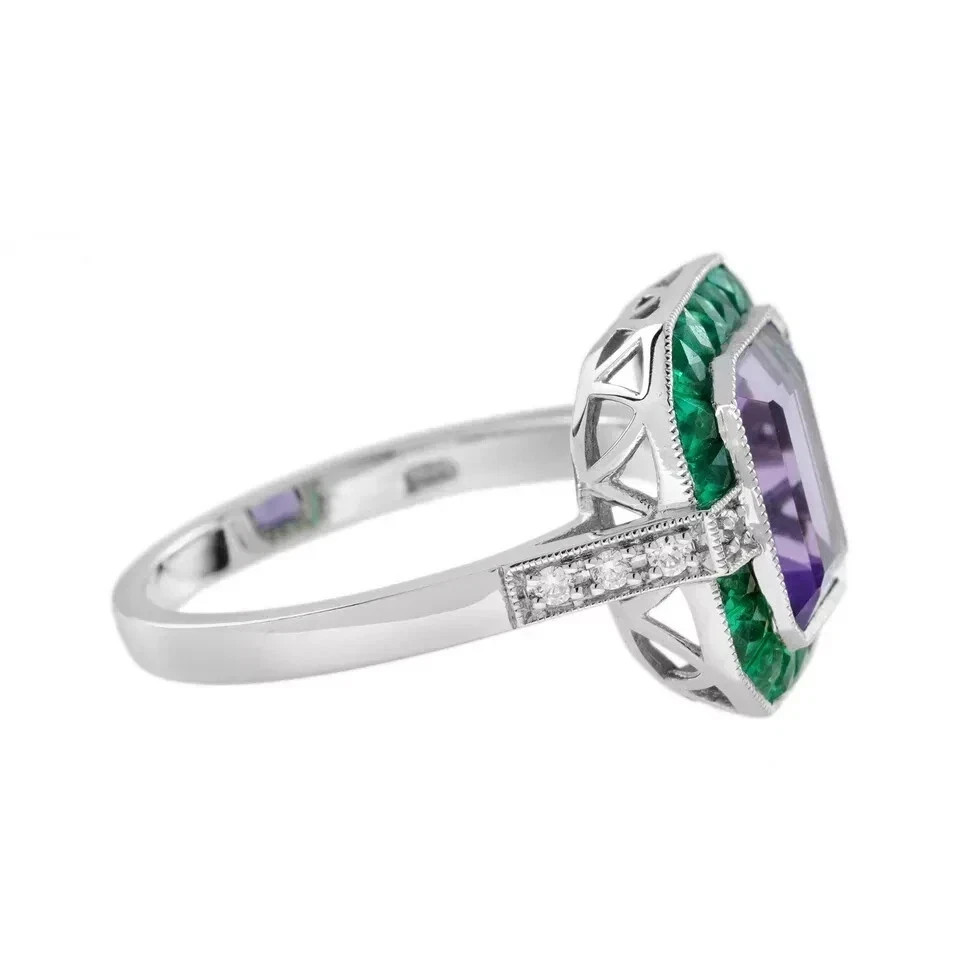 4Ct Art Deco Style Emerald & Amethyst Lab Created Diamond 14K White Gold FN Ring