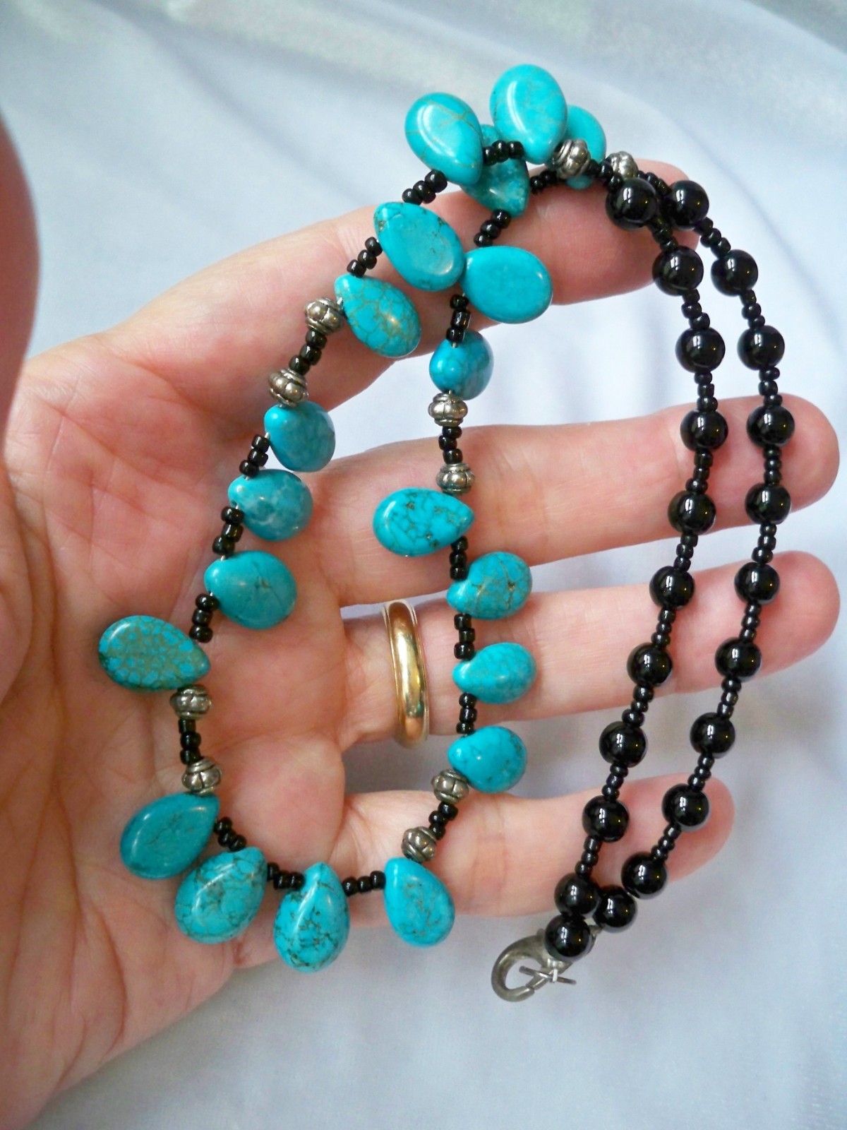 Vintage Black Glass & Turquoise Teardrop Fringe Beaded Bib Necklace