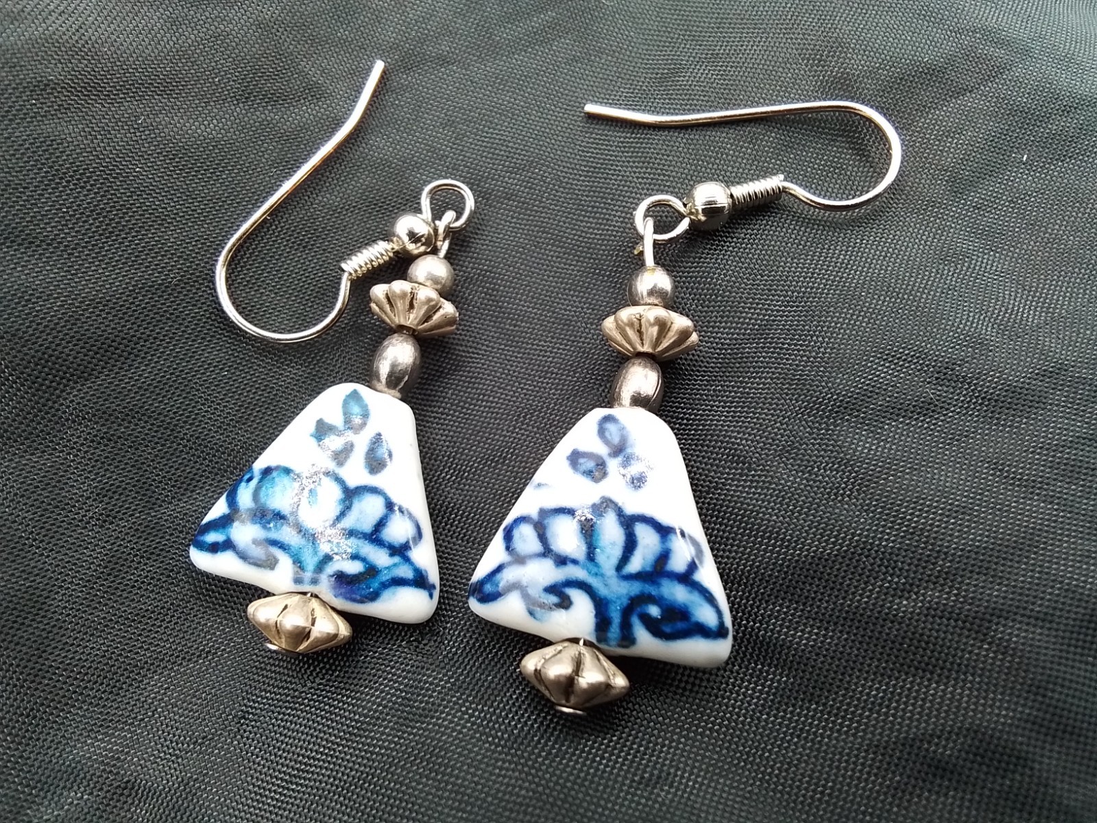 TRIANGLE DELFT STYLE VINTAGE ESTATE PIERCED EARRINGS DANGLE FRENCH HOOK WIRE
