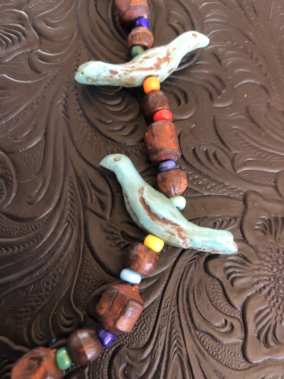 Vintage 1960s Blue Bird Fetish Necklace, Leather Wood Plastic Route 66 Souvenir