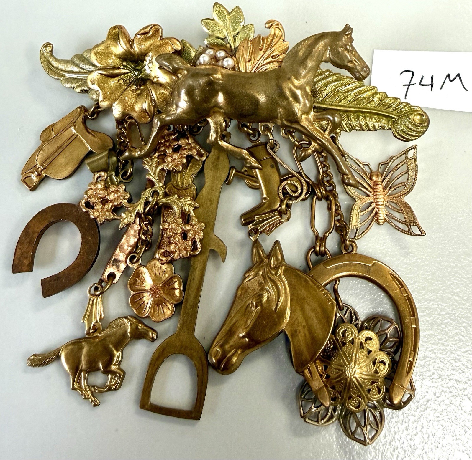 Vintage Equestrian Horse Charm Dangle Brooch Running Horse Horseshoe Stirrup