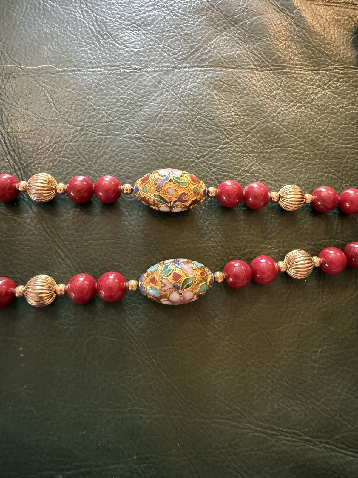 Vintage Carnelian Goldtone Cloisonné Knotted Beaded 32” Necklace