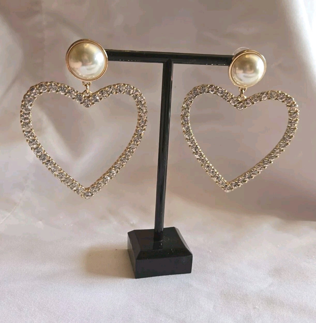 Sugarfix Signed Huge 3″ Rhinestone Heart Pierced Gold Tone Statement Earrings