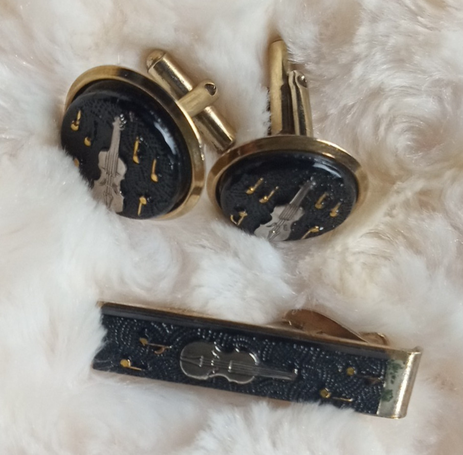 Vintage Men’s Guitar & Music Notes Cuff Links & Tie Clip