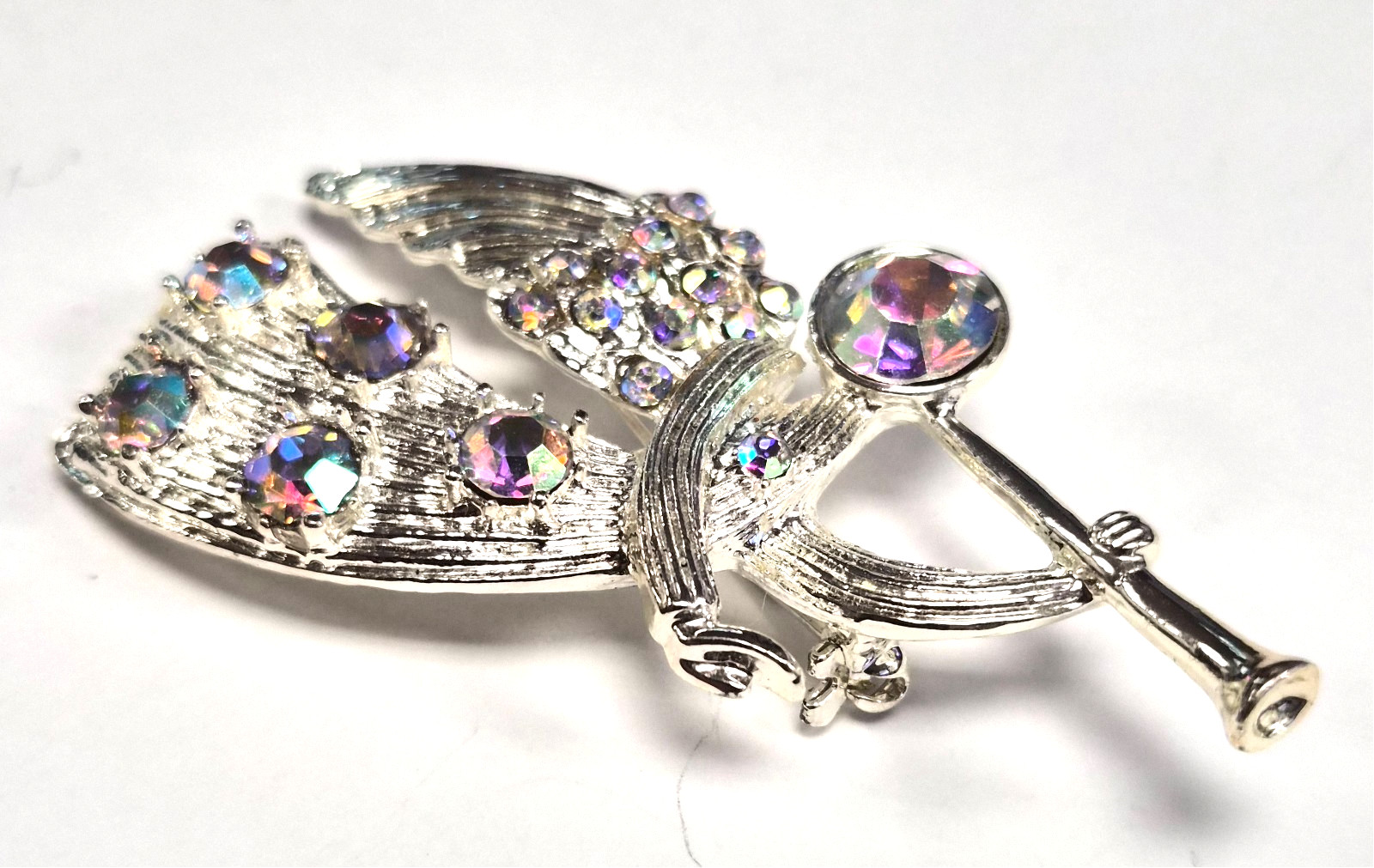 Vintage 90’s Christmas Trumpet Angel W/ Aurora Borealis Rhinestones Pin / Brooch