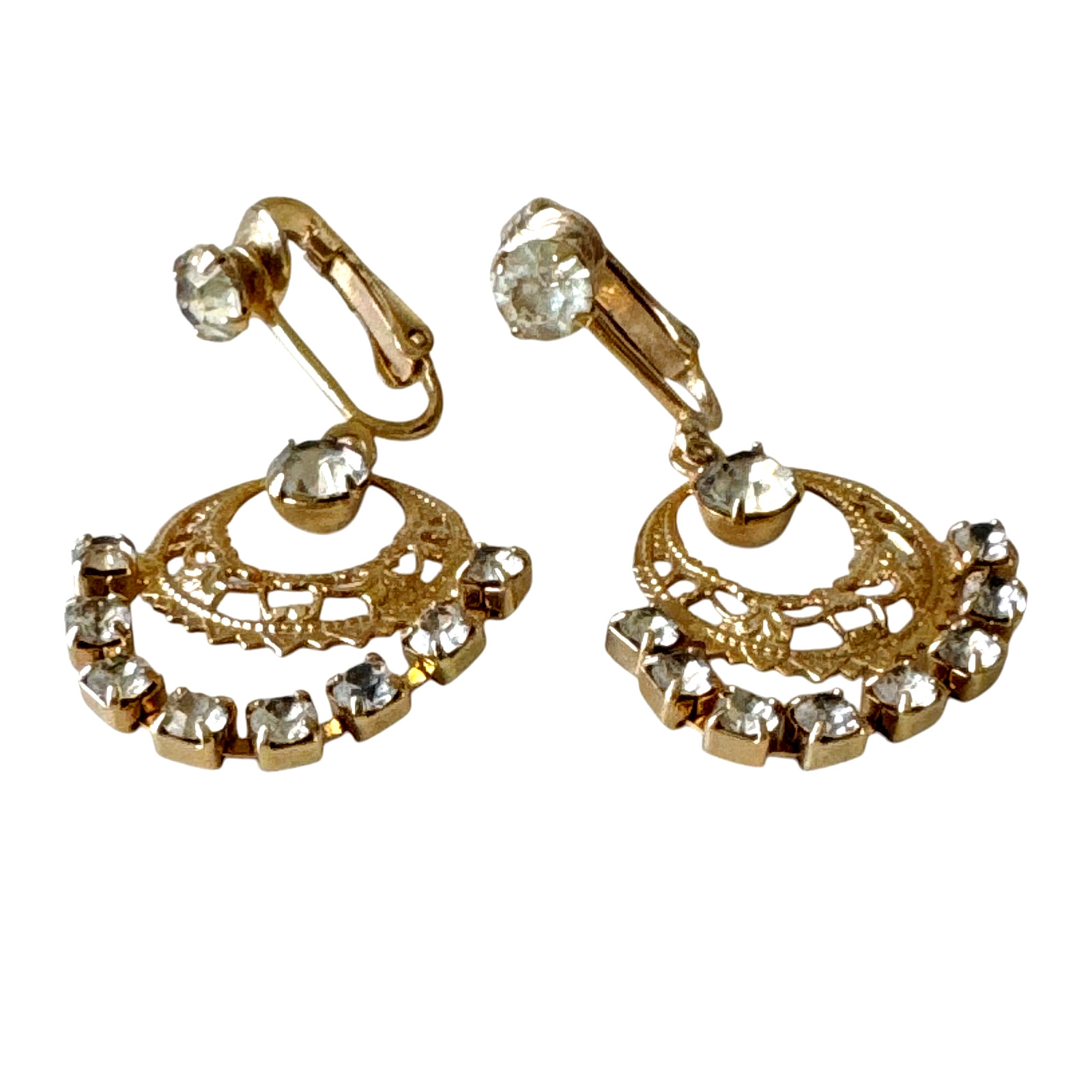 Vtg Sarah Coventry Drop / Dangle Prong Set Rhinestone Clip on Earrings Gold Tone