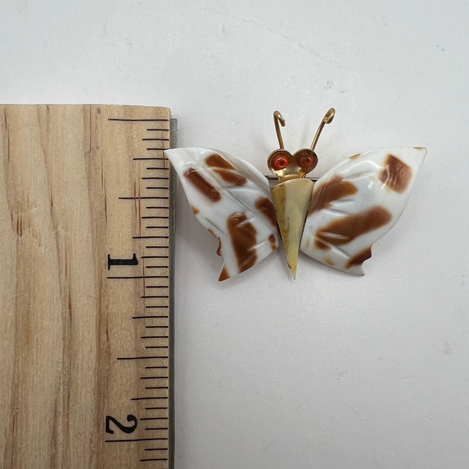 Vintage Shell Butterfly Brooch White Brown Gold Tone Seashell Pin