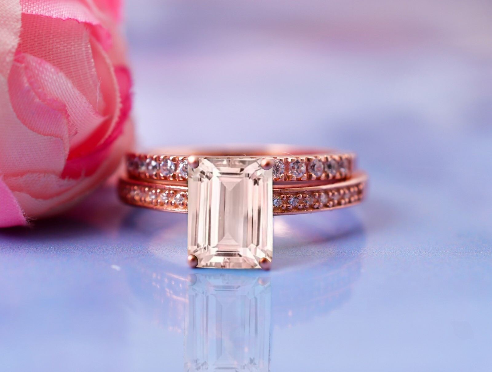 Emerald Cut Morganite Ring Set Engagement Rings Moissanite Cluster Wedding Rings