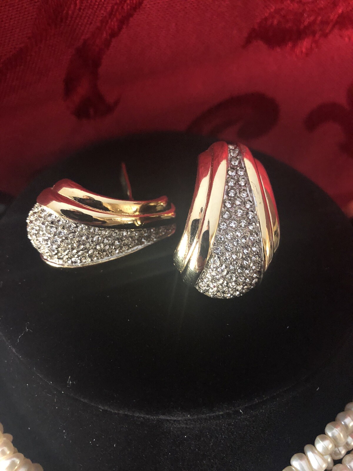 Vintage signed KJL Kenneth Jay Lane Gold Plated Deco Earrings with Rhinestones