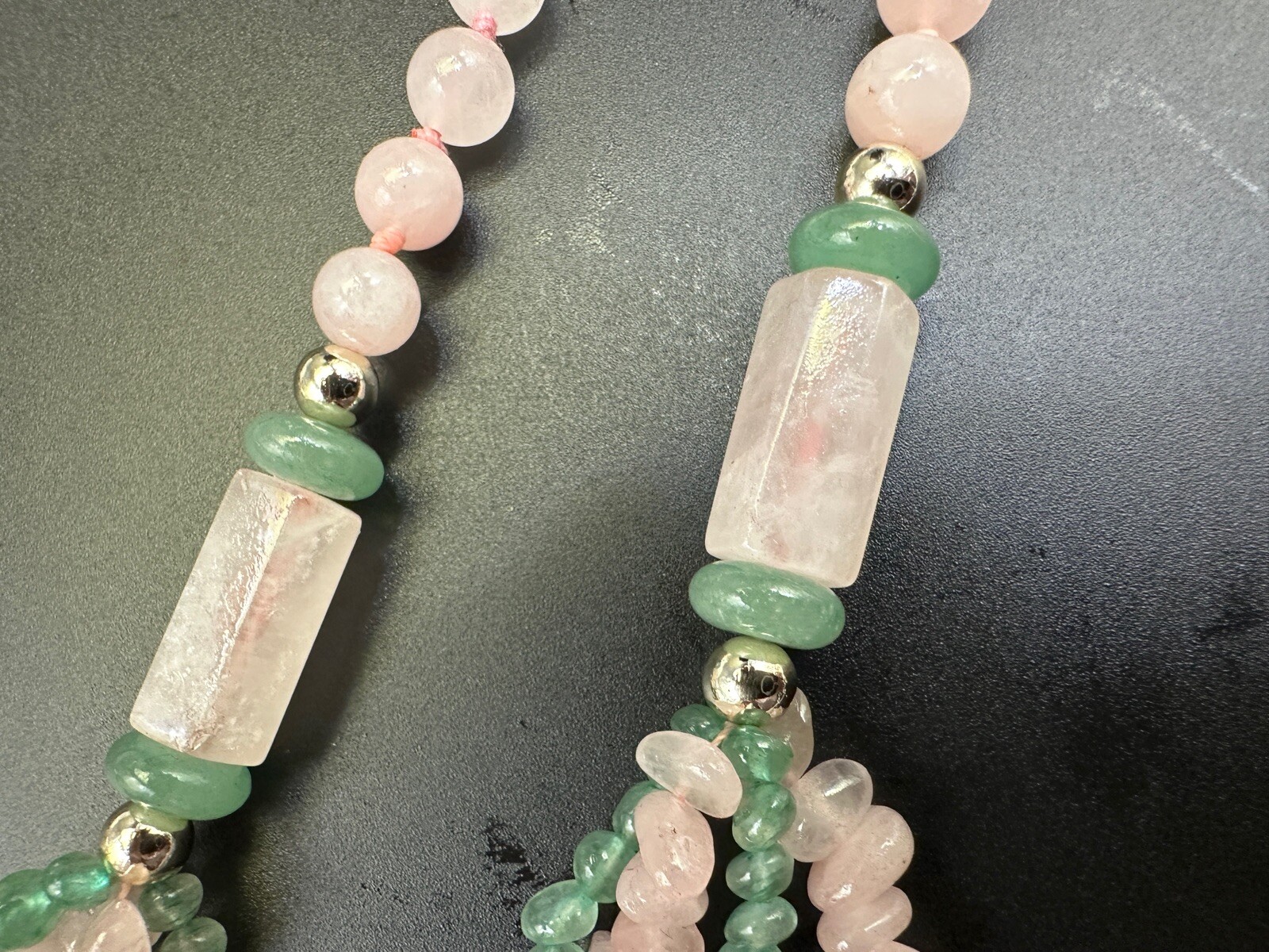 Vintage Chinese Export Multistrand Pink Rose Quartz Green Jade Necklace Stunning