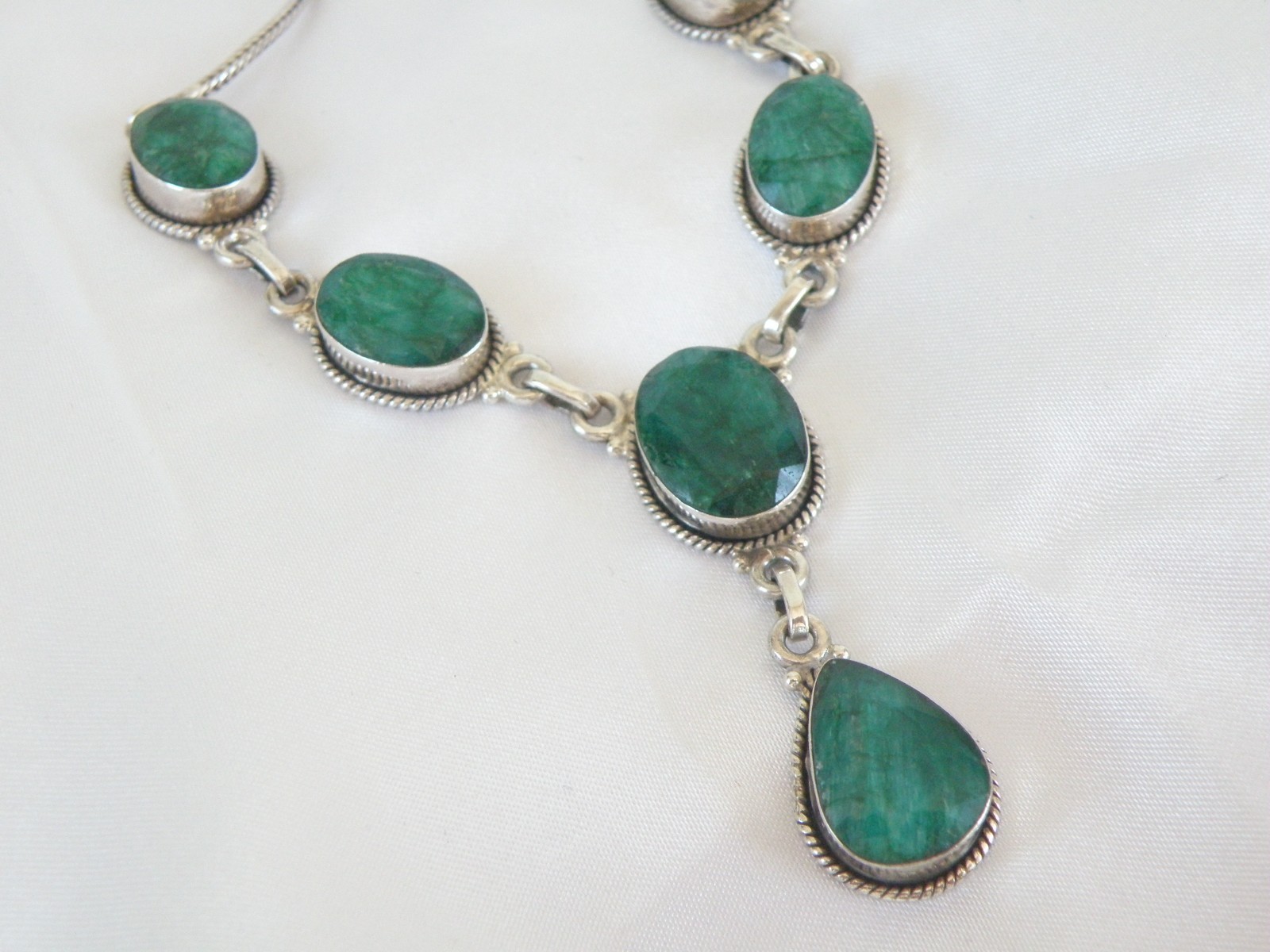 Vintage Sterling Silver 925 Large Natural Raw Emerald Statement Necklace 19″