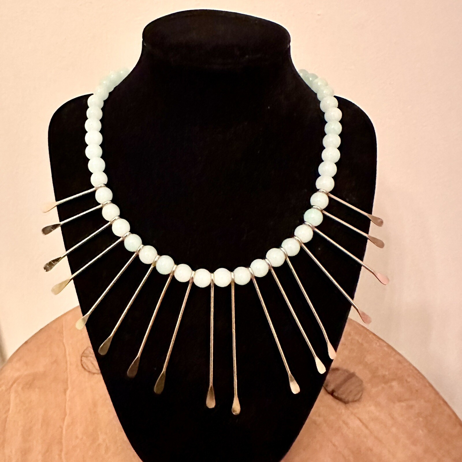 Vintage Light Blue Mint Beaded Collar Necklace Sunburst Gold Tone Statement