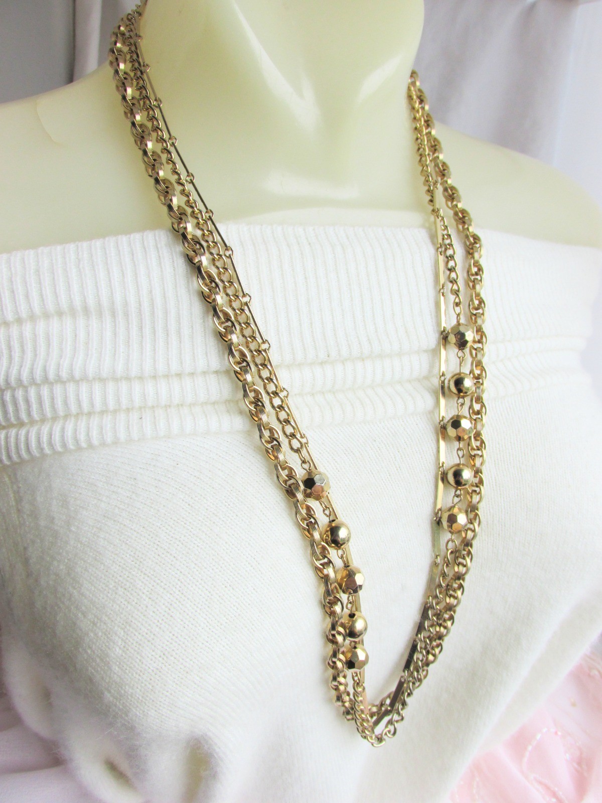 Vintage 3 Golden Rows Chain Necklace Gold Plate Rolo Bar Link Cable Styles