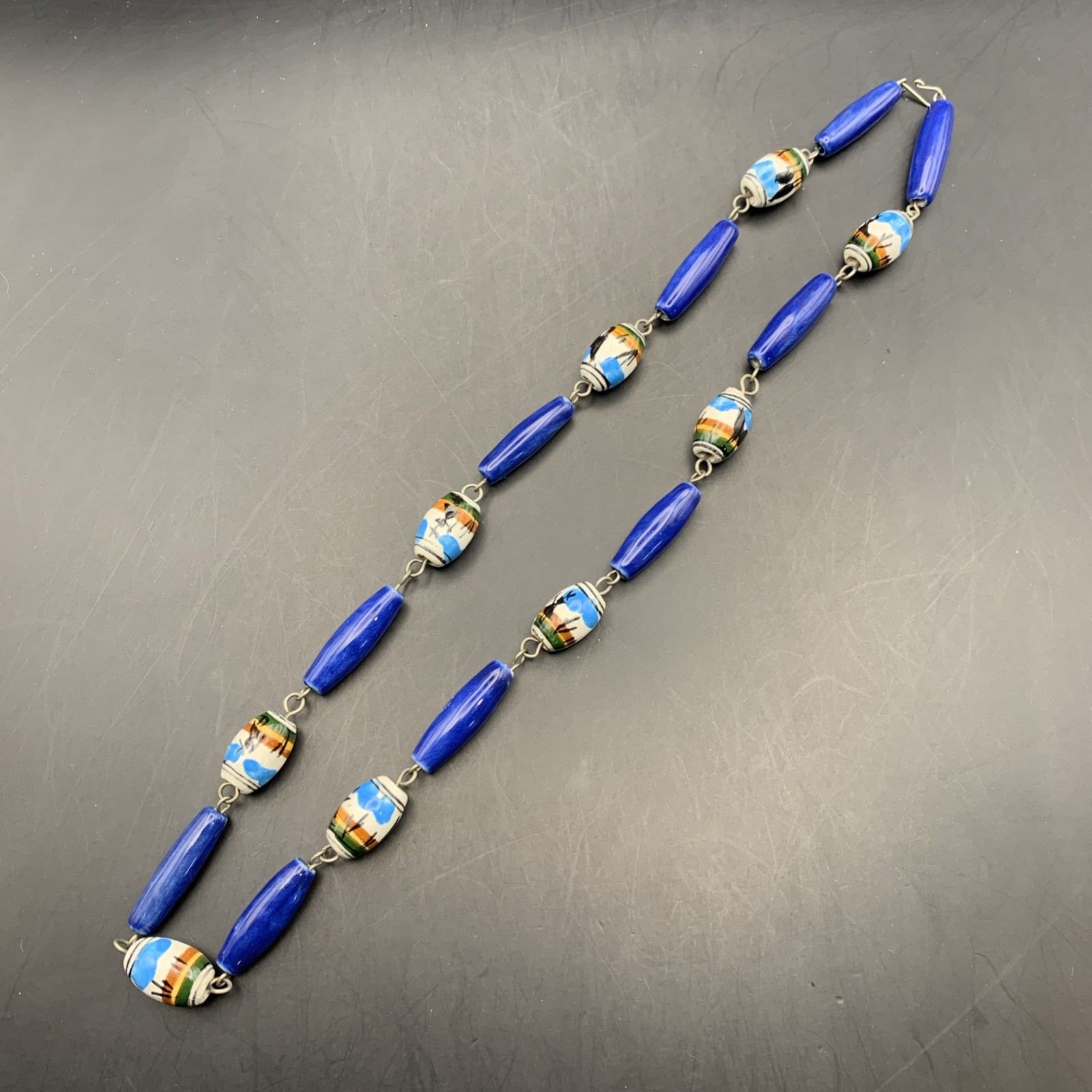 Ceramic Hand Painted Necklace Folk Art Ethnic Peruvian ? Blue Beaded Vintage