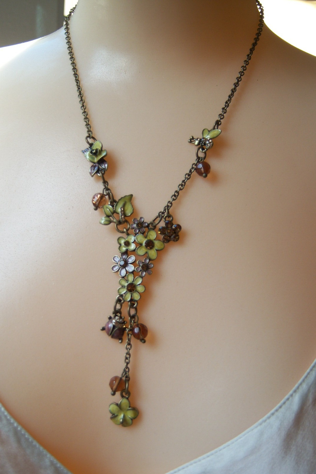 Lia Sophia Honey Suckle Antique Goldtone Necklace Cut Crystals bee Beetle Flower