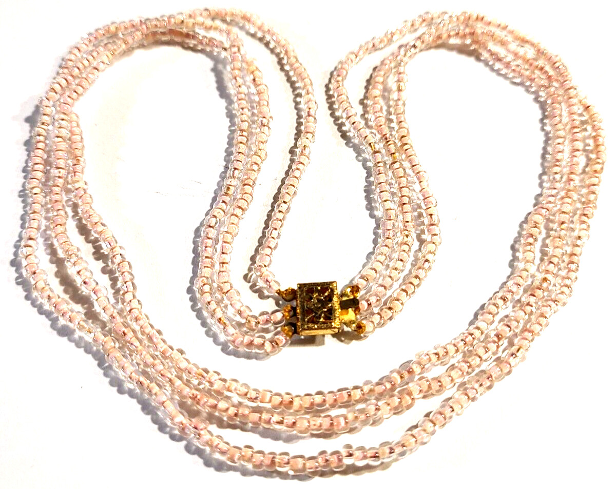 VINTAGE STUNNING 3 STRAND BABY PINK GLASS NECKLACE