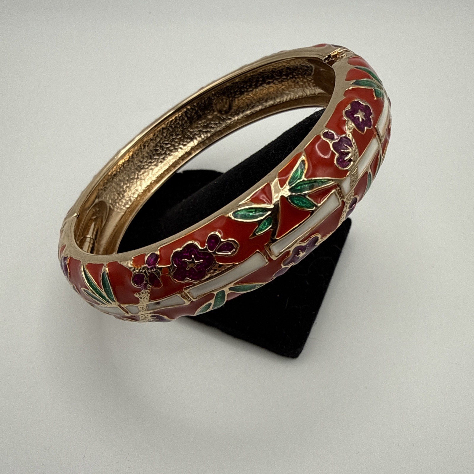 Jiu Long Xing- Red, Purple, White, Green Enamel Hinged Bangle Bracelet- Signed