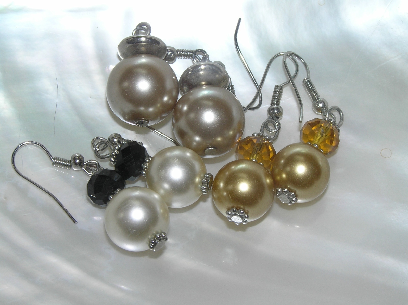 Estate Lot of 3 Faux White Gold & Champagne Pearl Bead Dangle Earrings