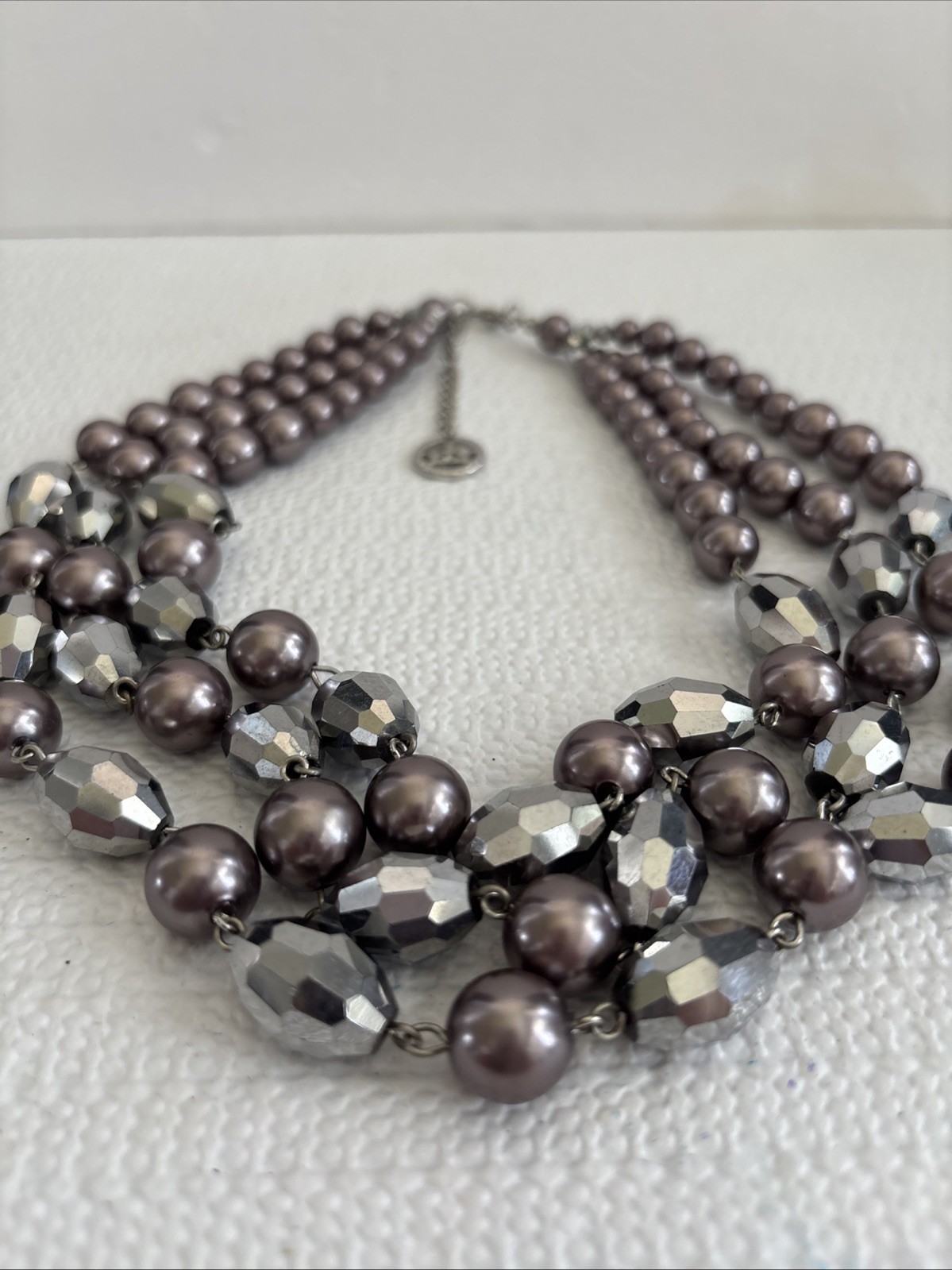 Crown Trifari gray pearl and Mercury Coated bead three strand necklace