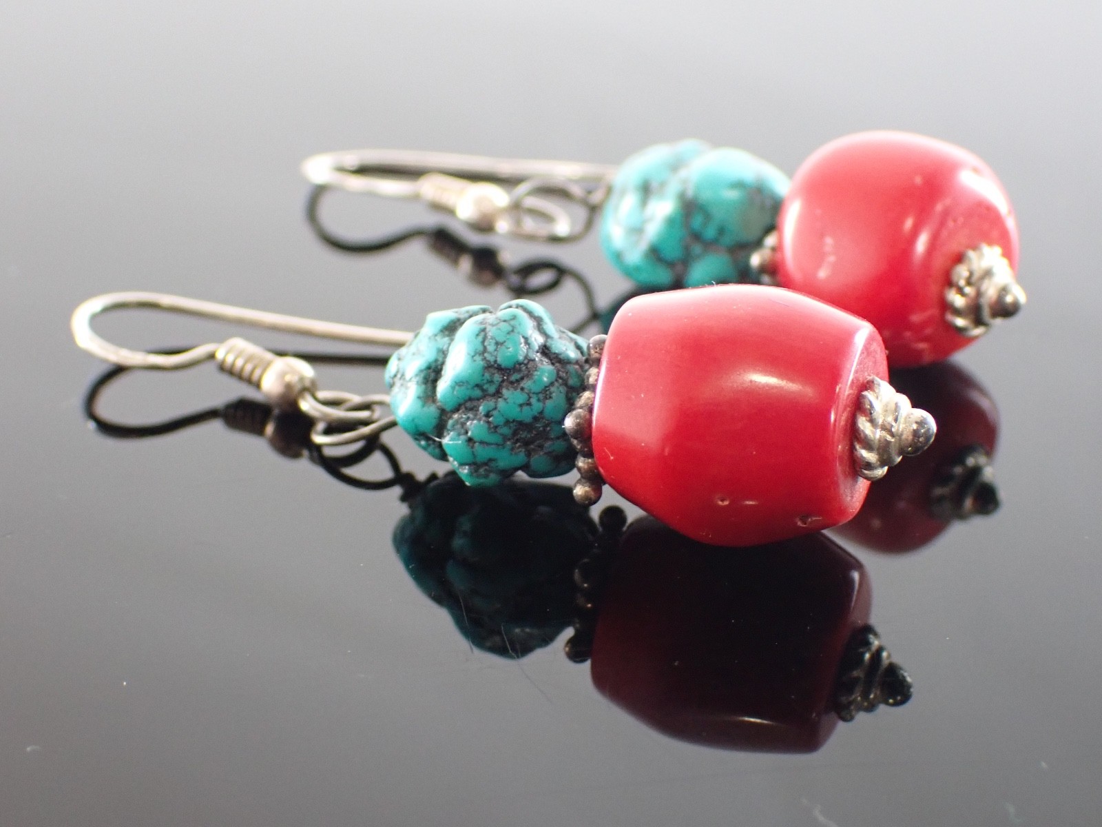 Vintage Sterling Drop Earrings Red Bead & Turquoise Matrix Stones Artisan