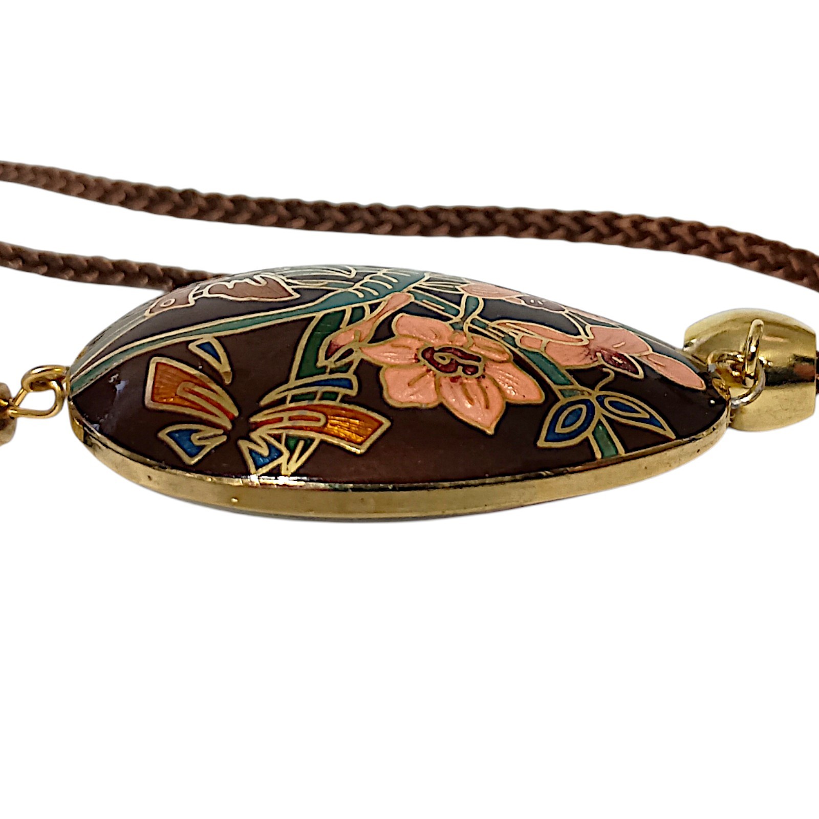 Vtg Butterfly Cloisonne Necklace 70s Pendant Tassel Woven Cord Brown Dual Sided
