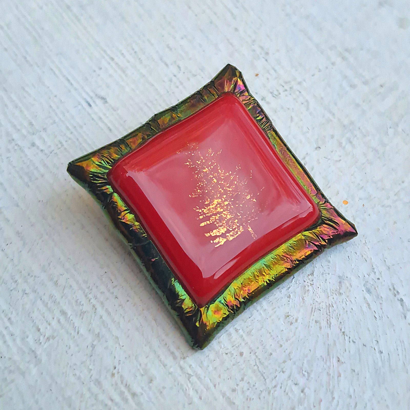 Vintage Handmade Dichroic Brooch—Nature Scene—Red Goldtone and Iridescent Green