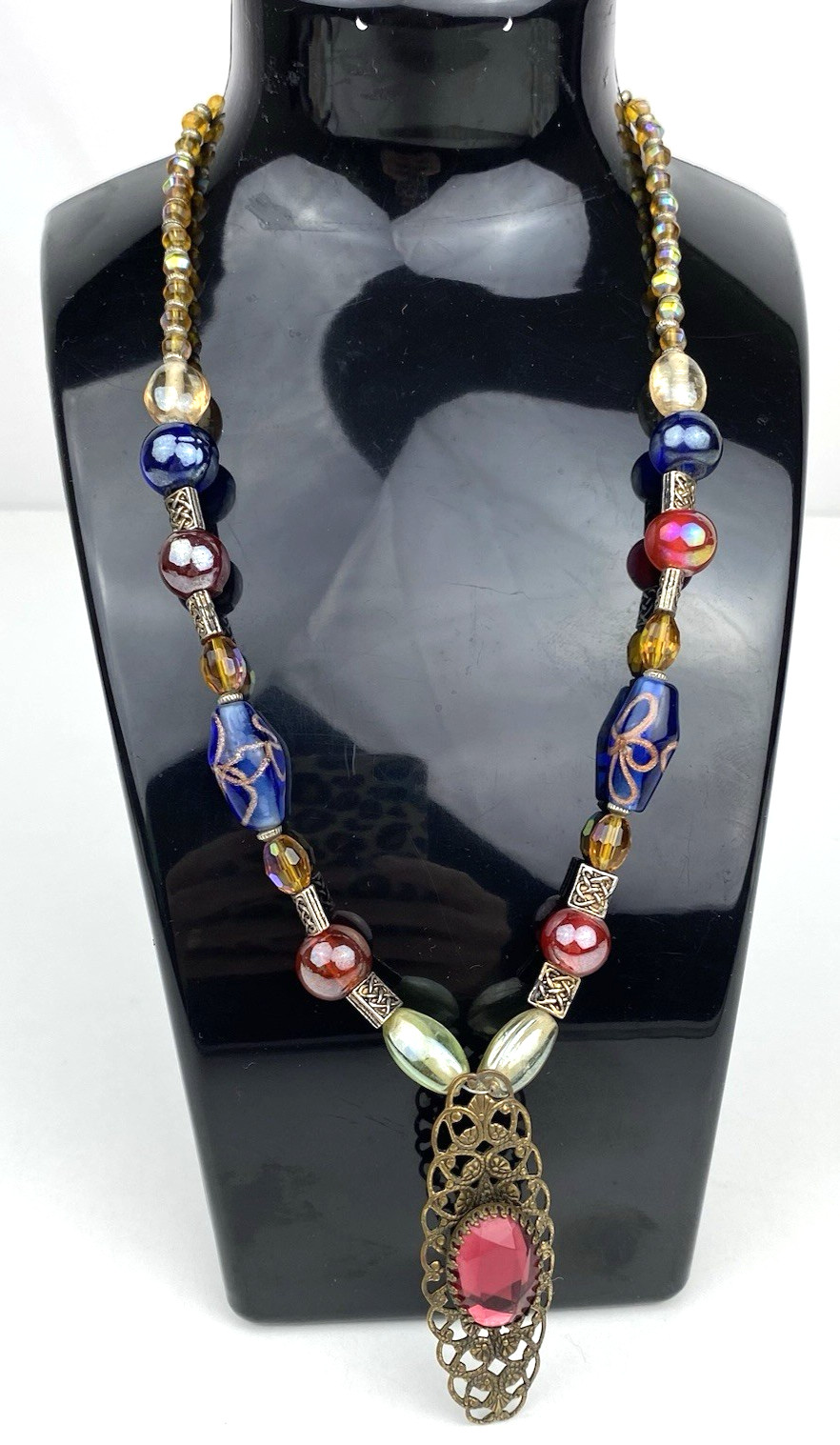 VTG Iridescent AB Carnival Glass Necklace Art Beaded Red Gold Filigree Blue EUC