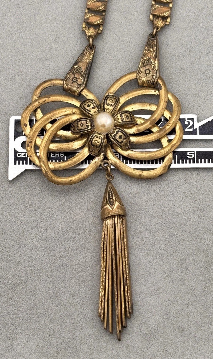 Antique Book Chain Gold Tone Necklace Floral Etched Bow Articulated Pendant