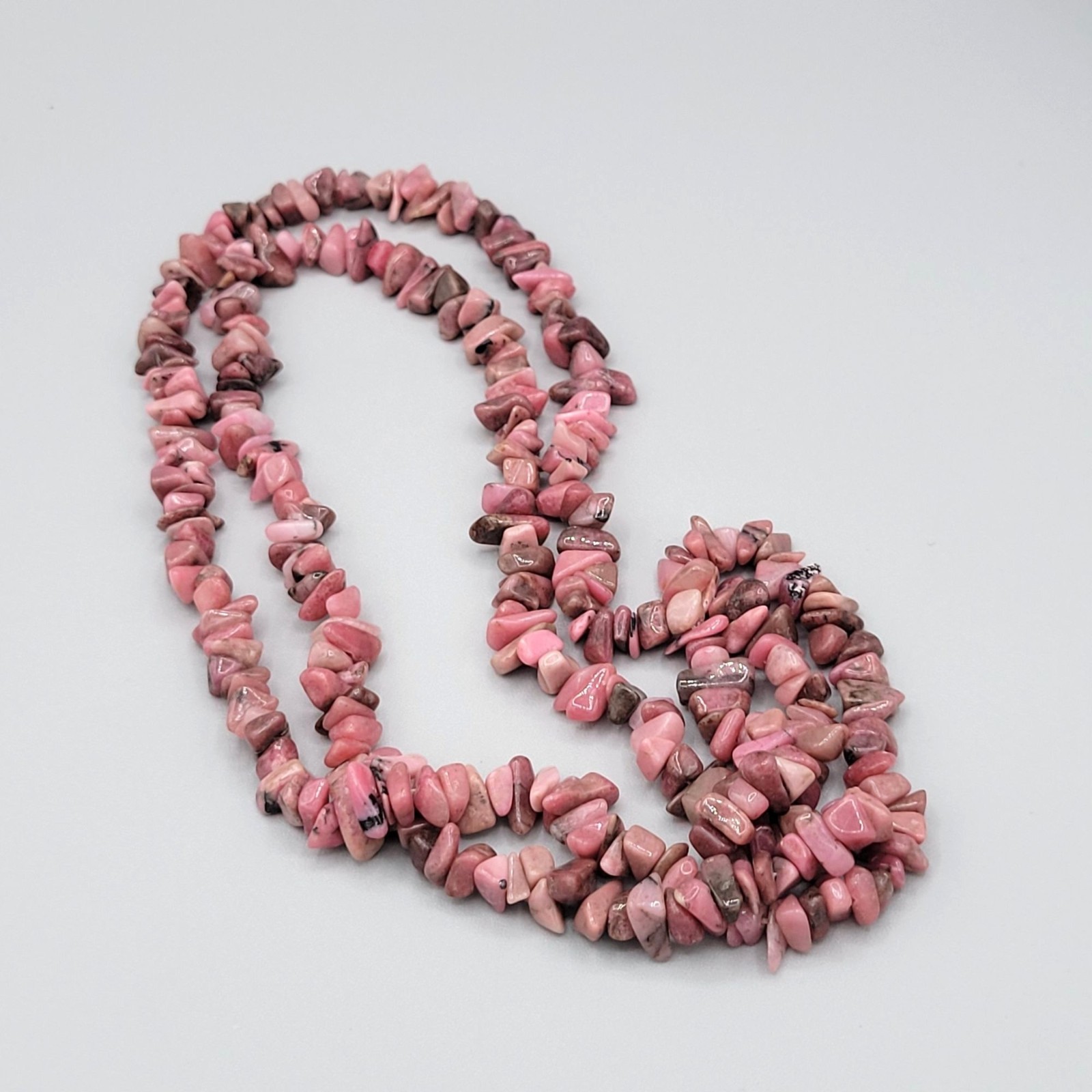 Pink Rhodonite Stone Chips Boho Long Necklace Natural Polished Vintage 32″