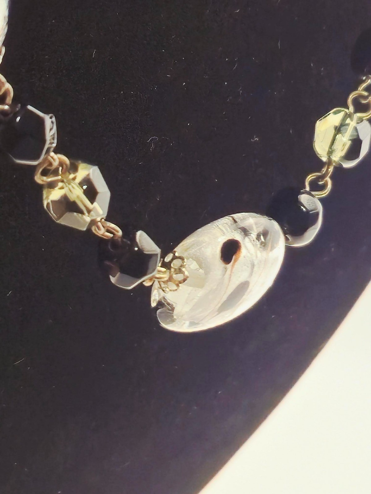 Vintage Art Deco Black Glass & Silver Foil Murano Style Bead Necklace