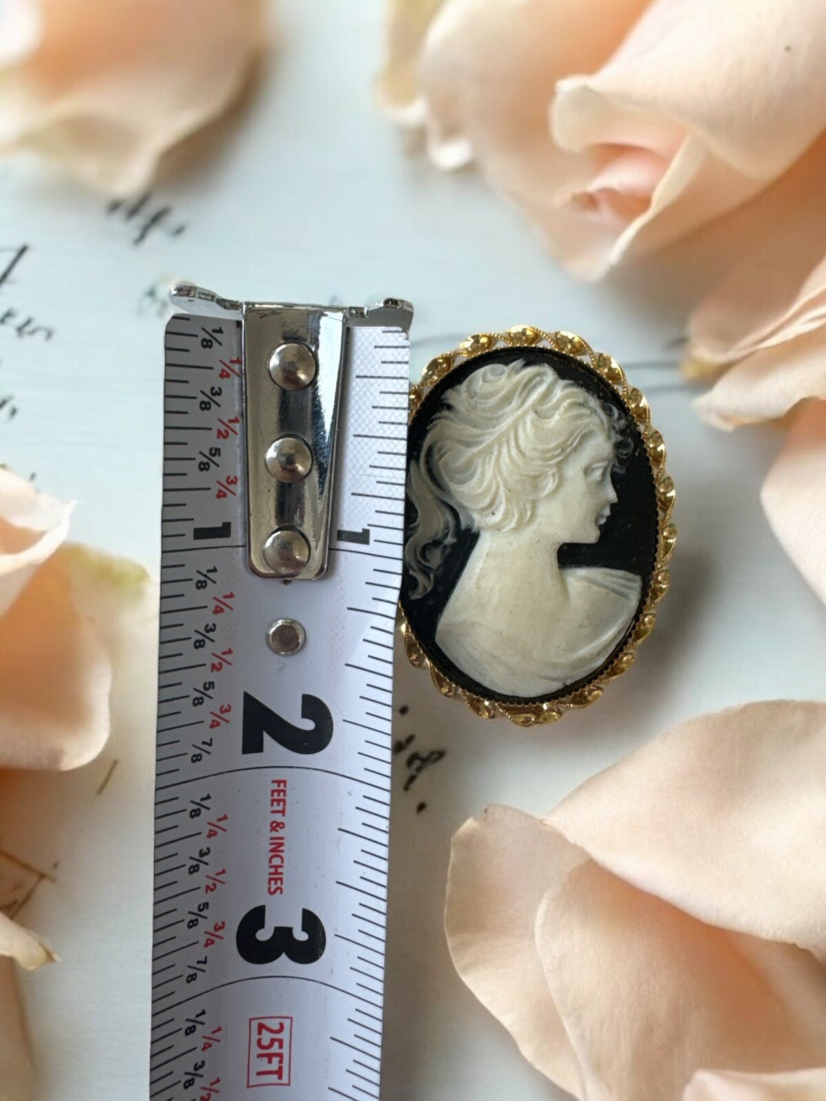 Vintage Cameo Brooch, Black & Off White GoldTone Oval Pin Brooch Antique Auction