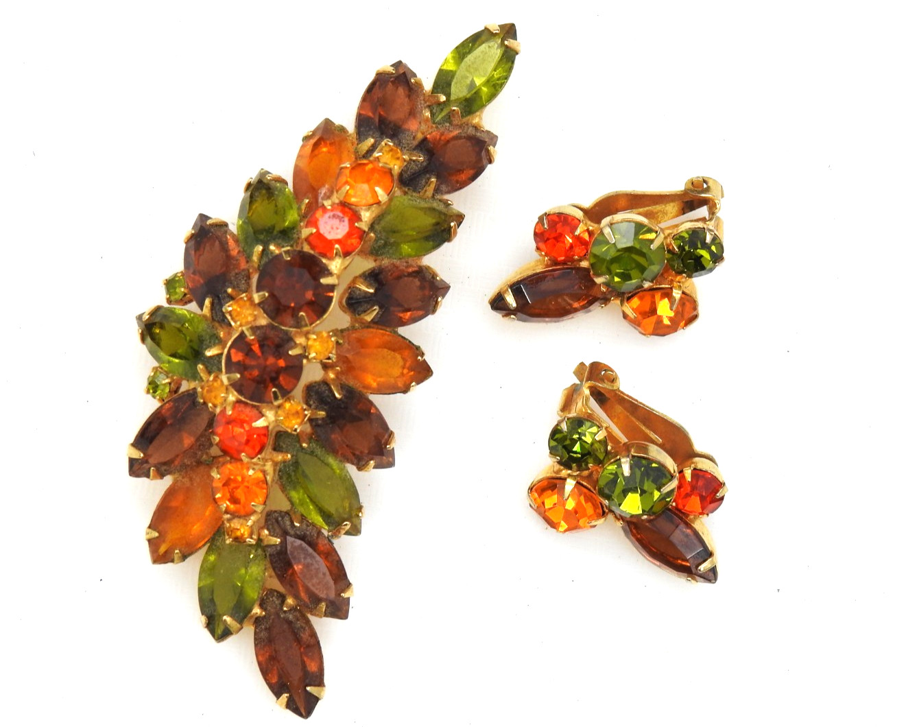 Juliana Rhinestone Brooch Clip Earrings Set Fall Colors Demi Parure Vintage