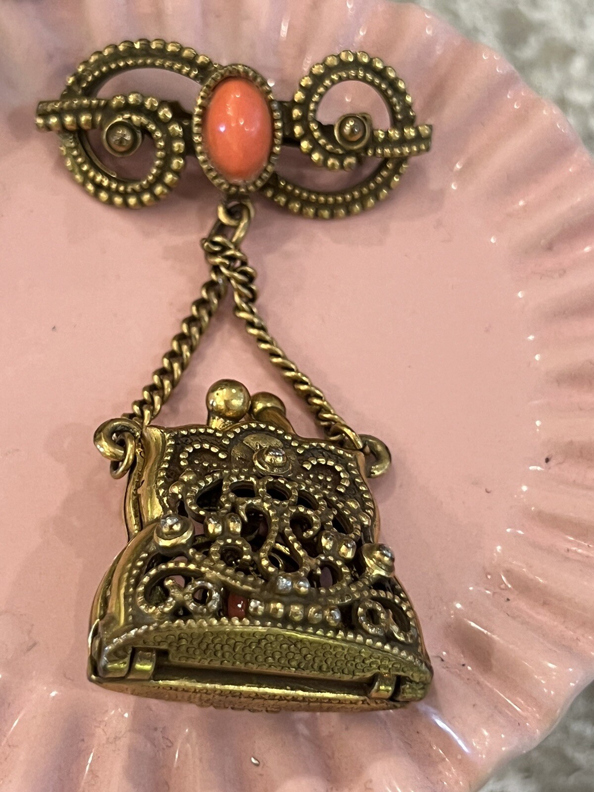 Pin Brooch Filigree Purse Coral Color Stone Dangle Pin