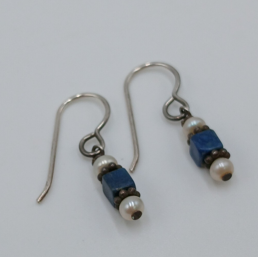 VTG Beaded Dangle Earrings 1in Drop Blue Stone Seed Pearl Silver Tone Estate