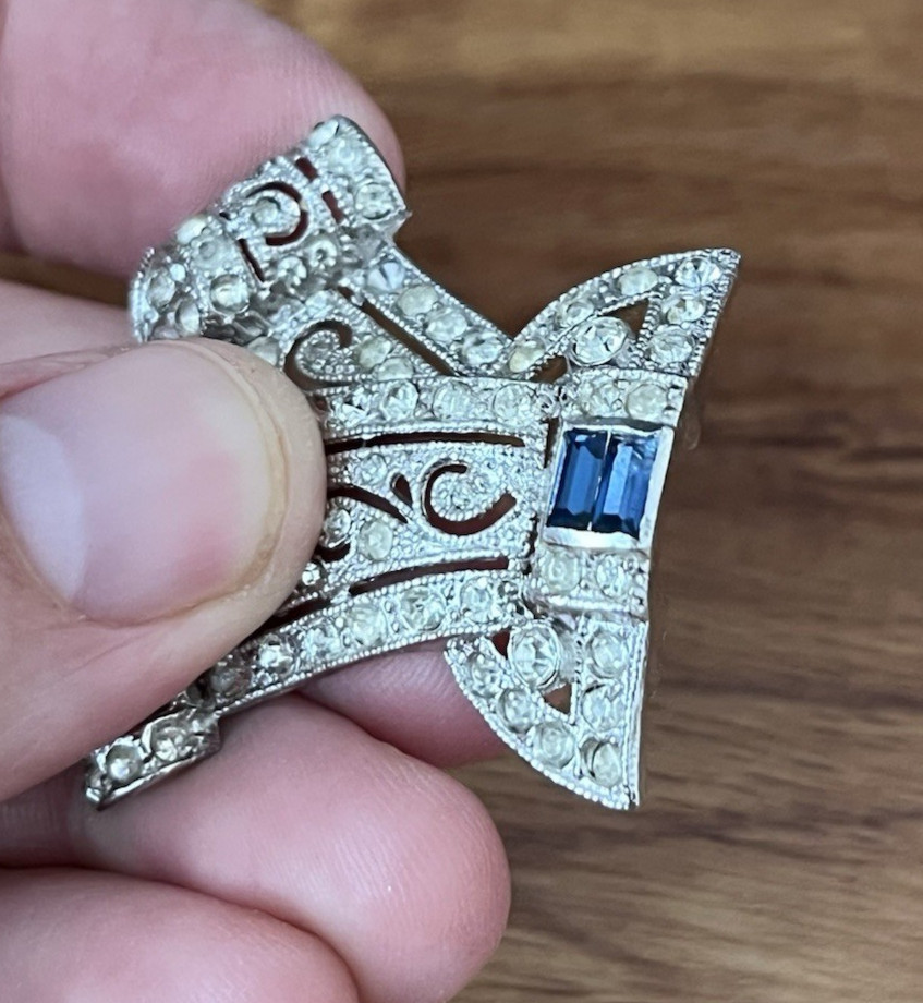 Vintage Coro Duette Bow Art Deco Silver Tone Brooch Dress Clip *Needs Repair*