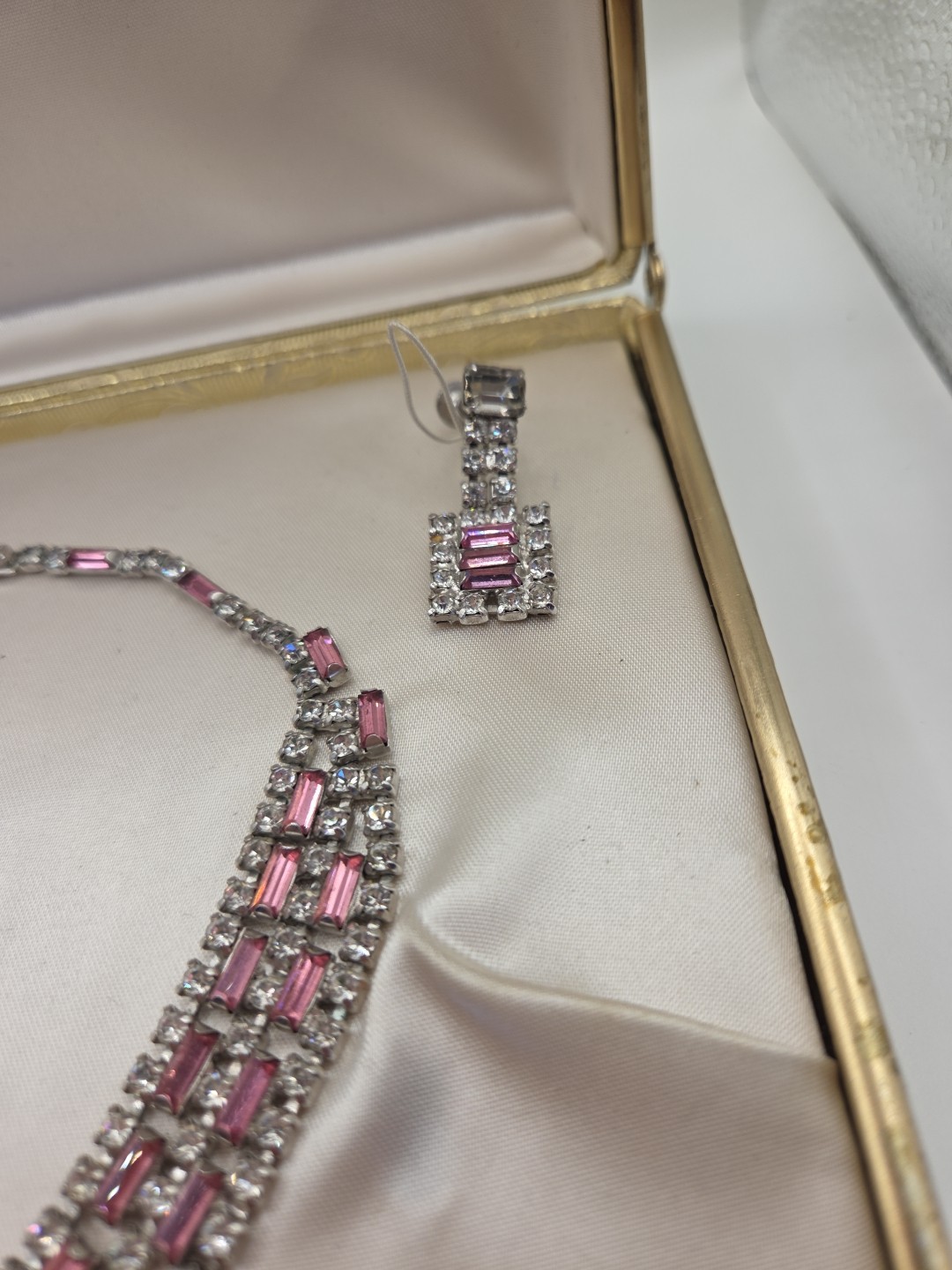 La Roco 1950’s Triple Row Baguette Collar Crystal Pink White Rhinestone Set Box