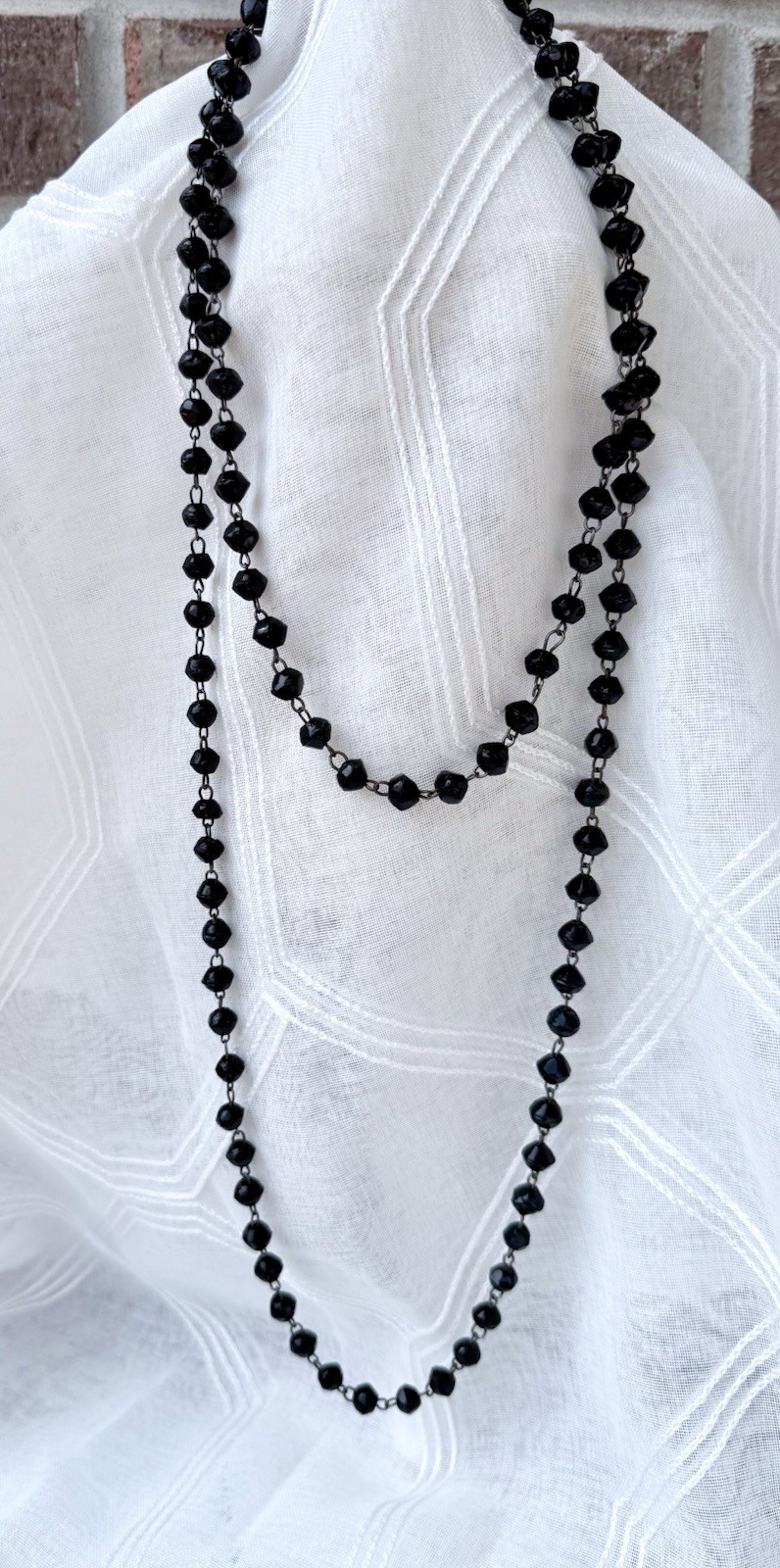 Black Victorian Vauxhall Glass Guard Chain Necklace 1cm x 8mm Beads 50” Long