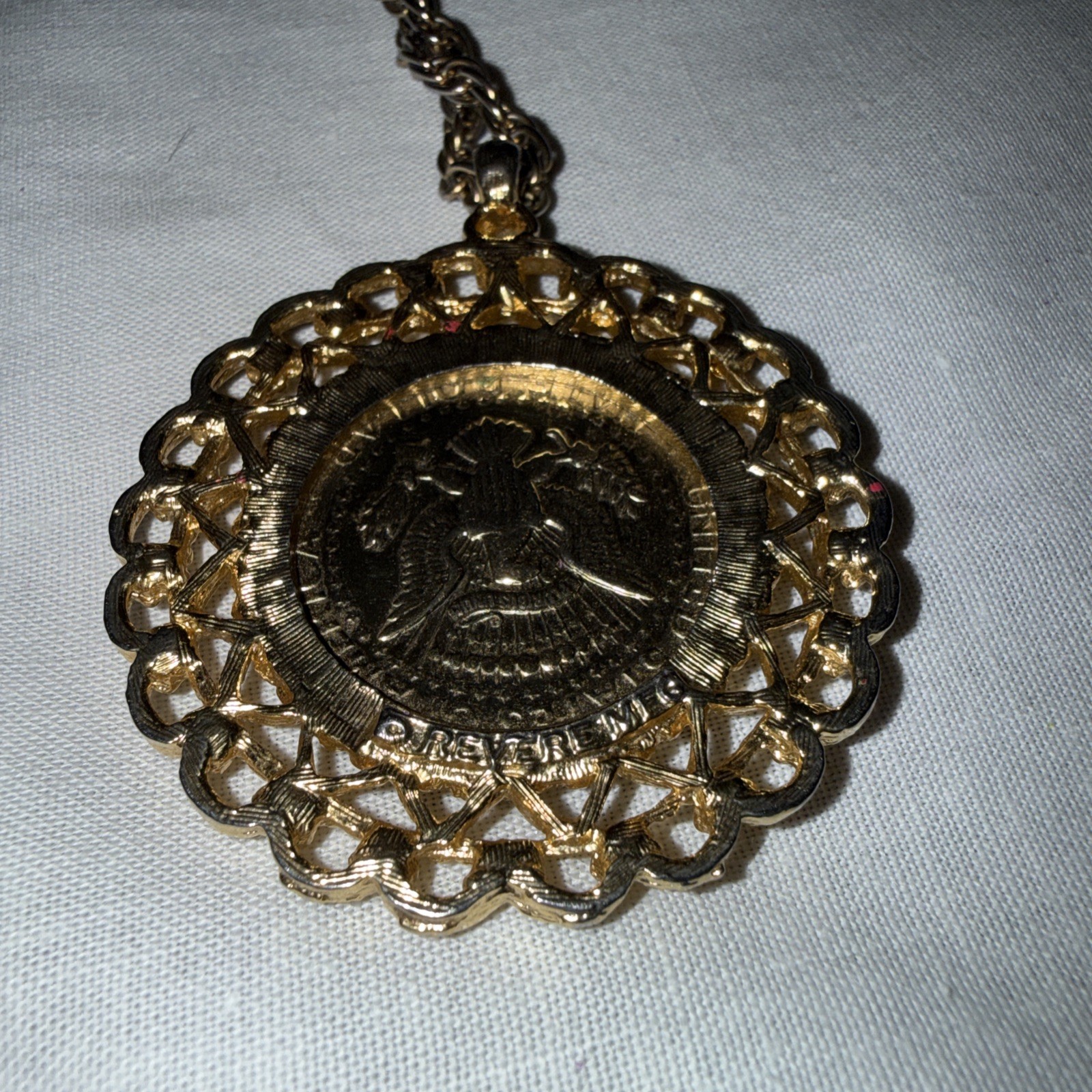 Vintage 1972 Kennedy Half Gold plated Pendant Necklace Chain 24″ Revere Mfg
