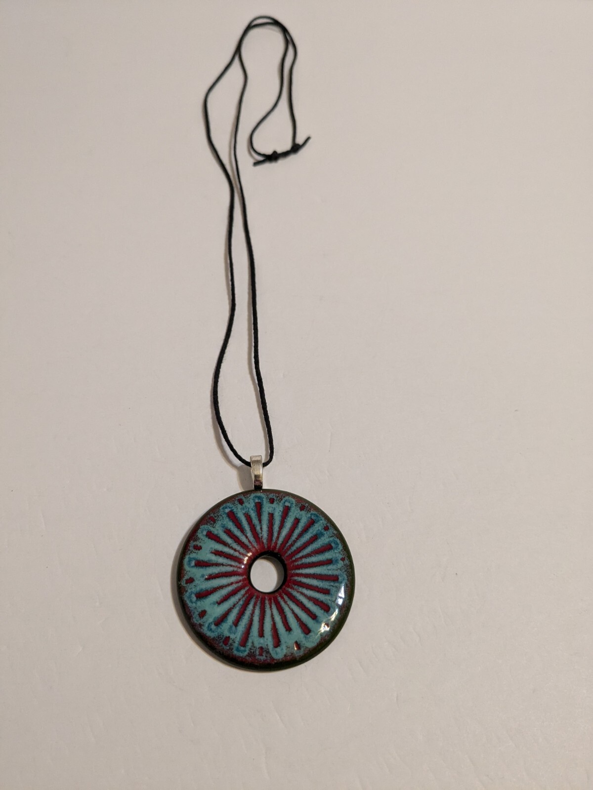 Round Multicolor Resin Pendant And Black Cord Necklace. FLAWED Cord.