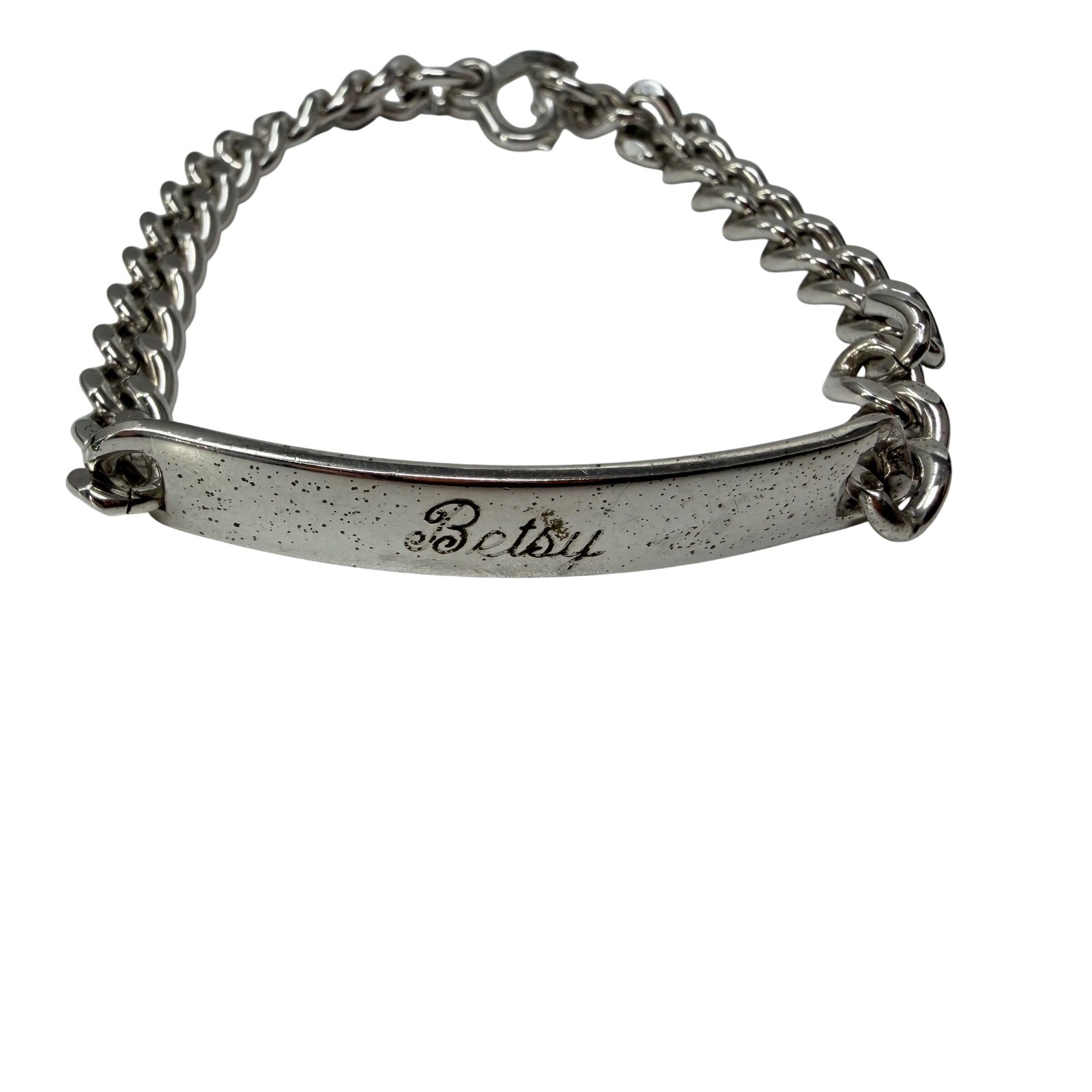 Elco Sterling Silver ID Bracelet Betsy Engraved Curb Chain Heart Clasp 7.25in