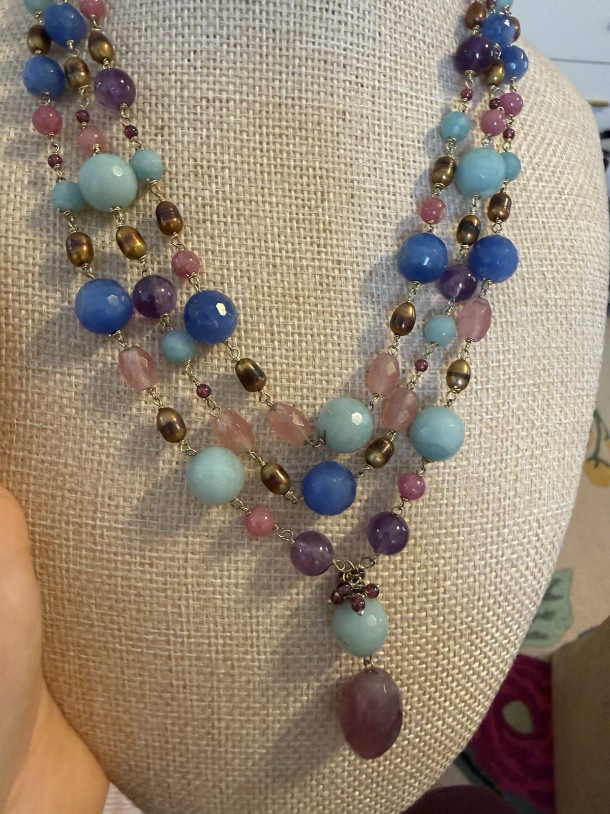 Beautiful Vintage Blue And Purple Beaded Necklace Three Layers Gold Hook Clasp