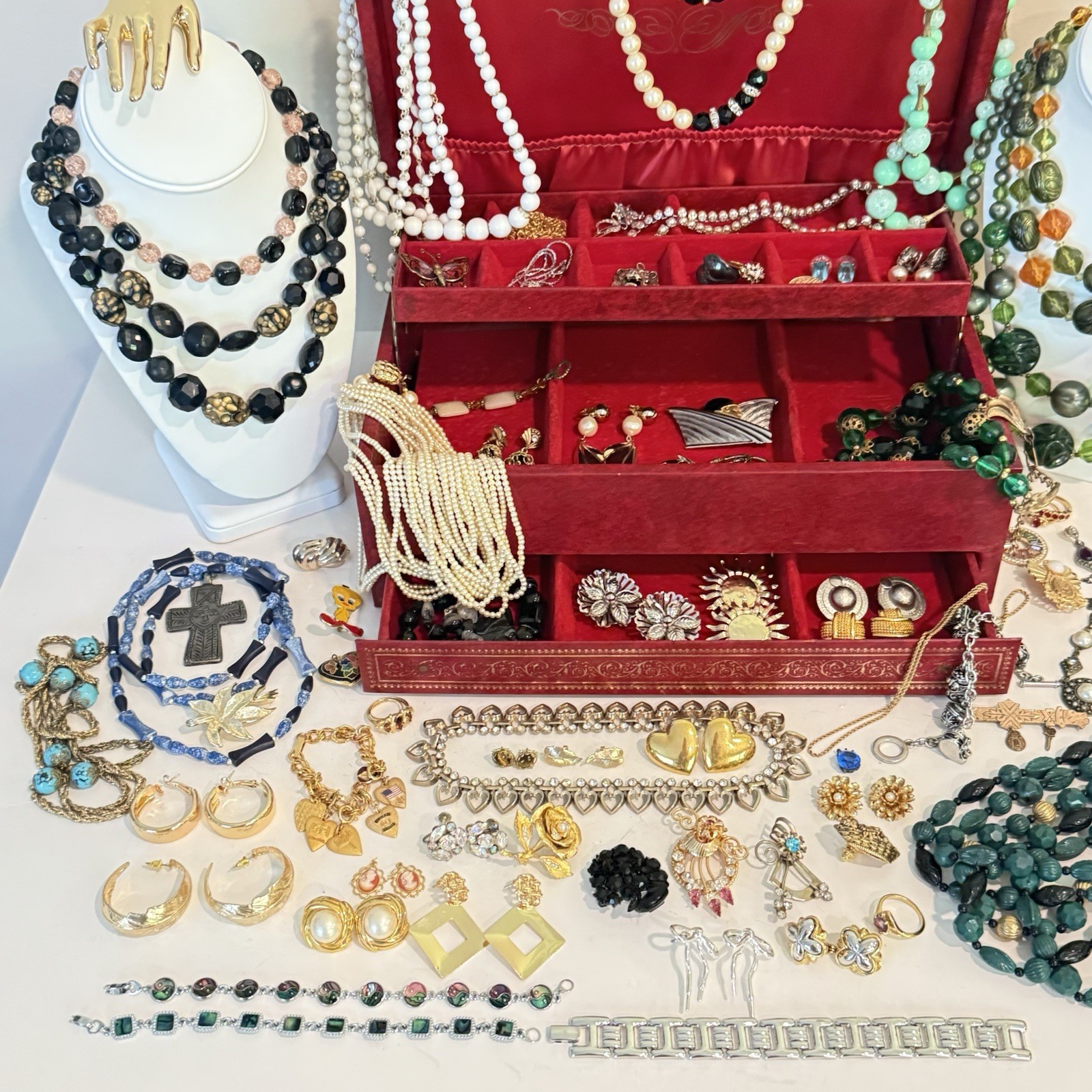 Vintage Estate Jewlery Lot & Box Monet Trifari West Germany Chunky Clip Earrings