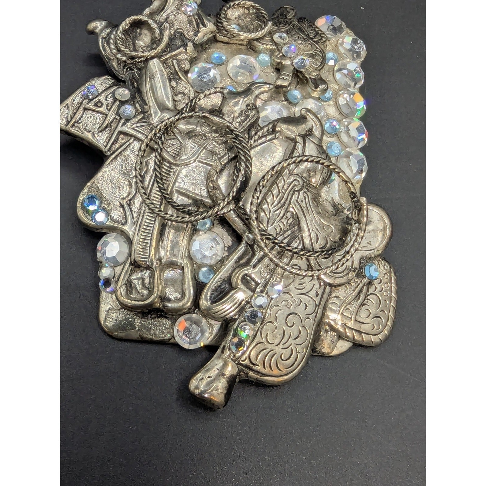 Cowgirl Western Horse Saddle Silver Tone AB Rhinestone Brooch Signed